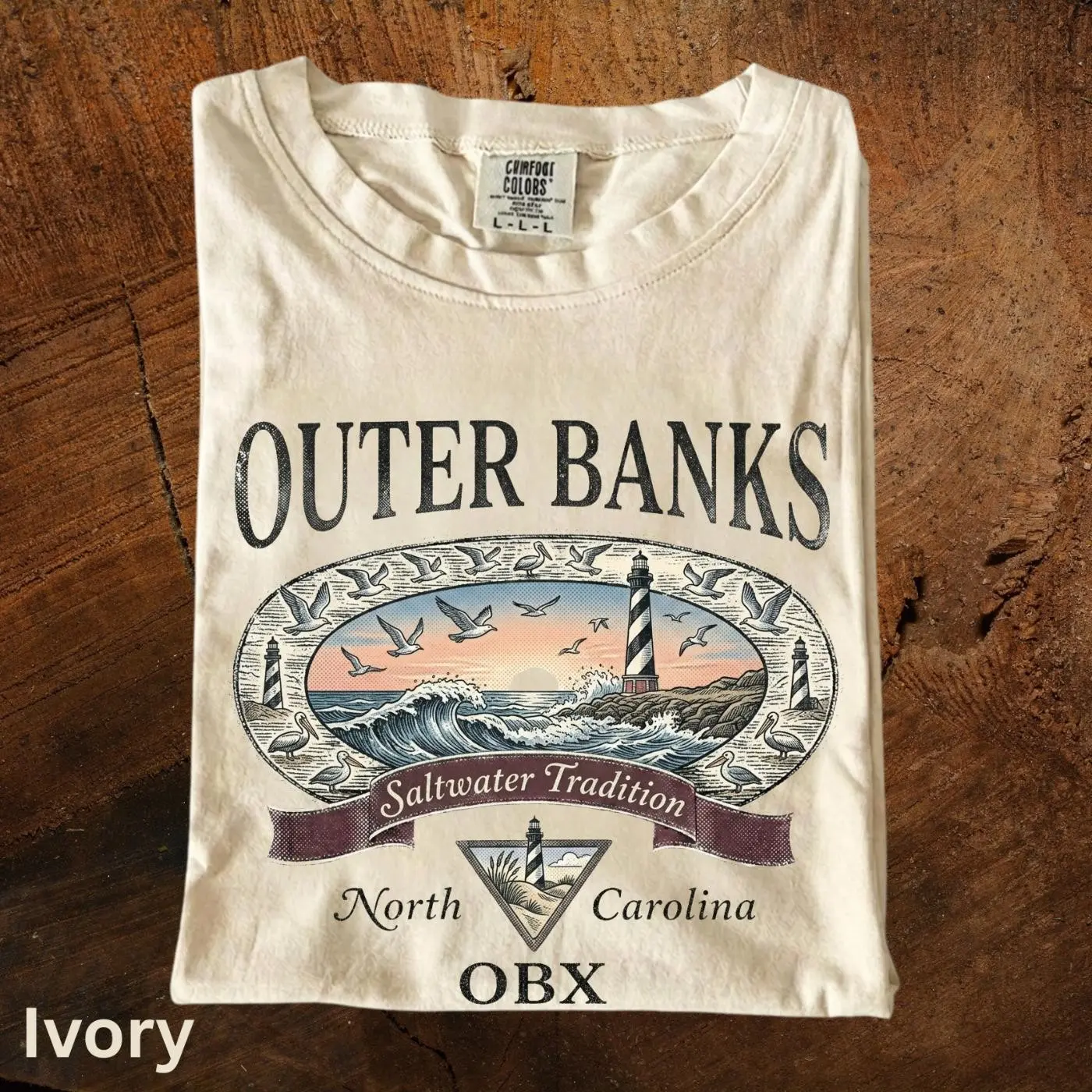 Comfort Colors 90s Vintage Outer Banks Lighthouse Beach Scene T-Shirt | OBX North Carolina