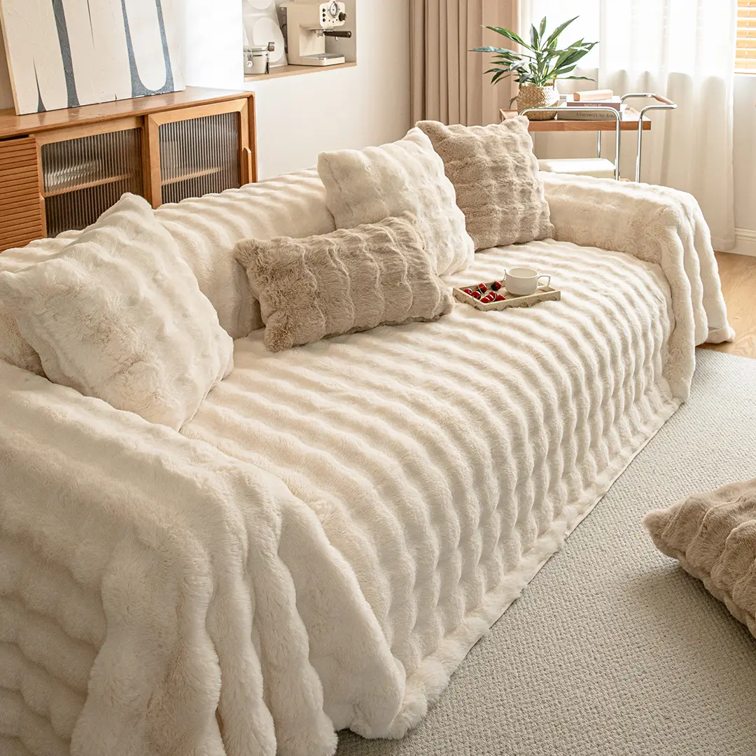 Ultra-Soft Faux Rabbit Fur Sofa Throw Blanket, Warm Winter & Fall Decorative Washable Fur Cover, Pet-Friendly Non-Slip Design, Cover For Sofa, Sofa Couch Slipcover, Couch Covers