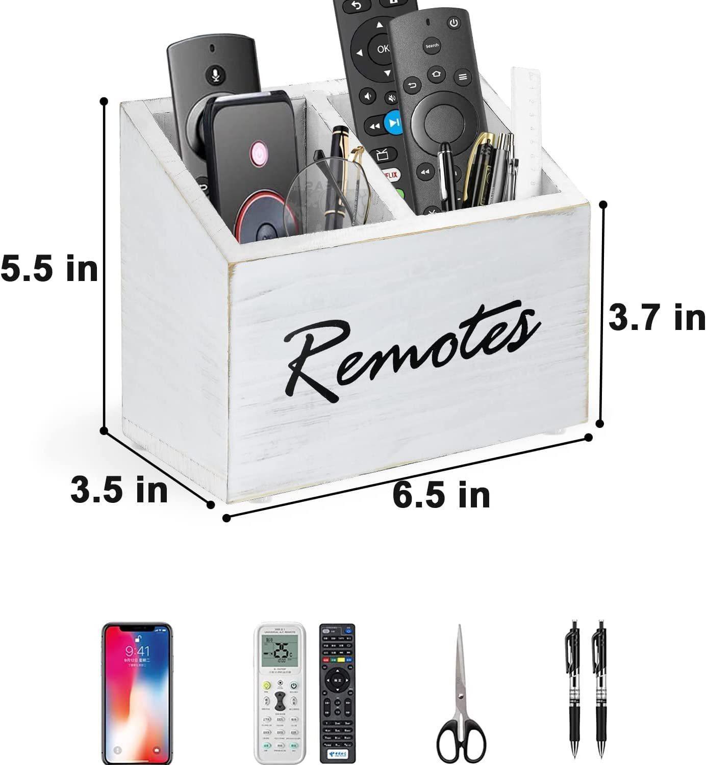 Remote Control Holder, Wood TV Remote Holder for Table, 2 Compartments Remote Control Storage Organizer, Media Caddy Organizer for Living Room Bedroom Office Nightstand(white) wooden box