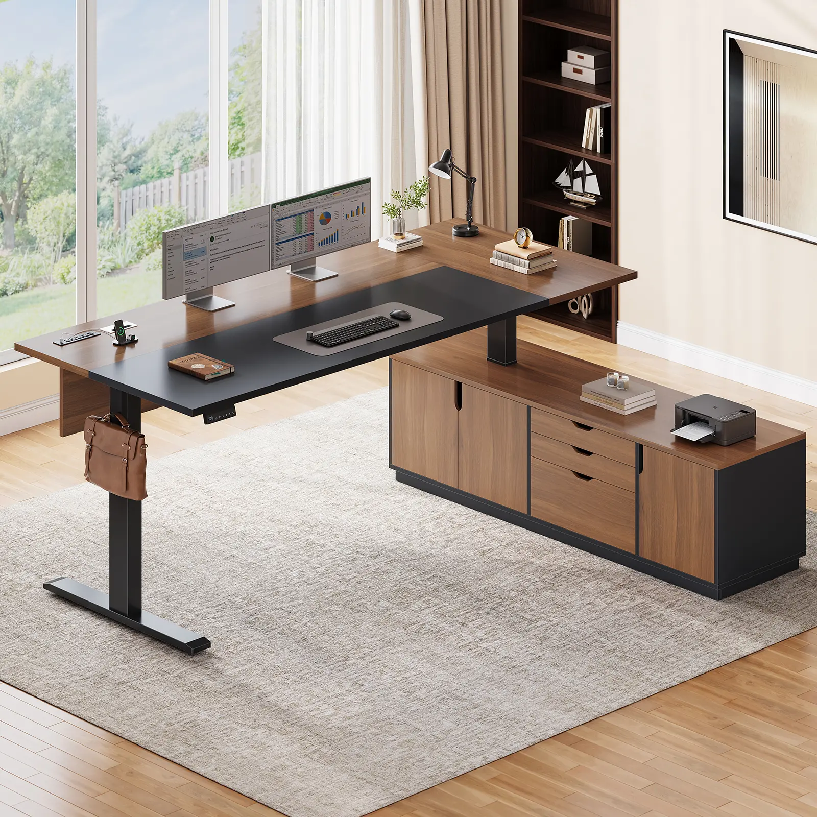 Sedeta 71"-Wide Electric L-Shaped Executive Sit-Stand Desk - Furniture-Style, L-Shaped Modular, Adjustable, All-In-1, Auto-Adjustment Desk for Home Office Use with 3 Drawers, Cabinet, Power Outlets, Side Hook, Privacy Divider, Furniture-Style Desks, L-Sha