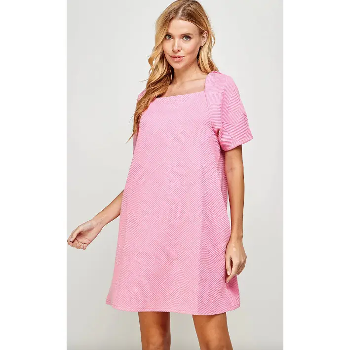 Bubble Gum Pink Textured Puff Sleeve Dress
