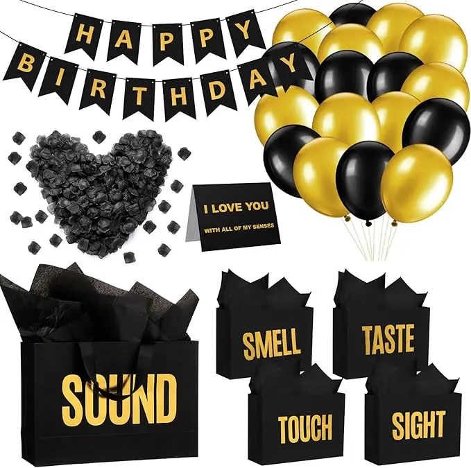 Tear-Resistant Plaid Reusable Compact Kraft Paper Bags Set of 5 with Decorative Tissue Paper, Handles, Labels, Rose Petals, Banner, Balloons for Happy Birthday, Anniversary Decoration & Gift Packaging