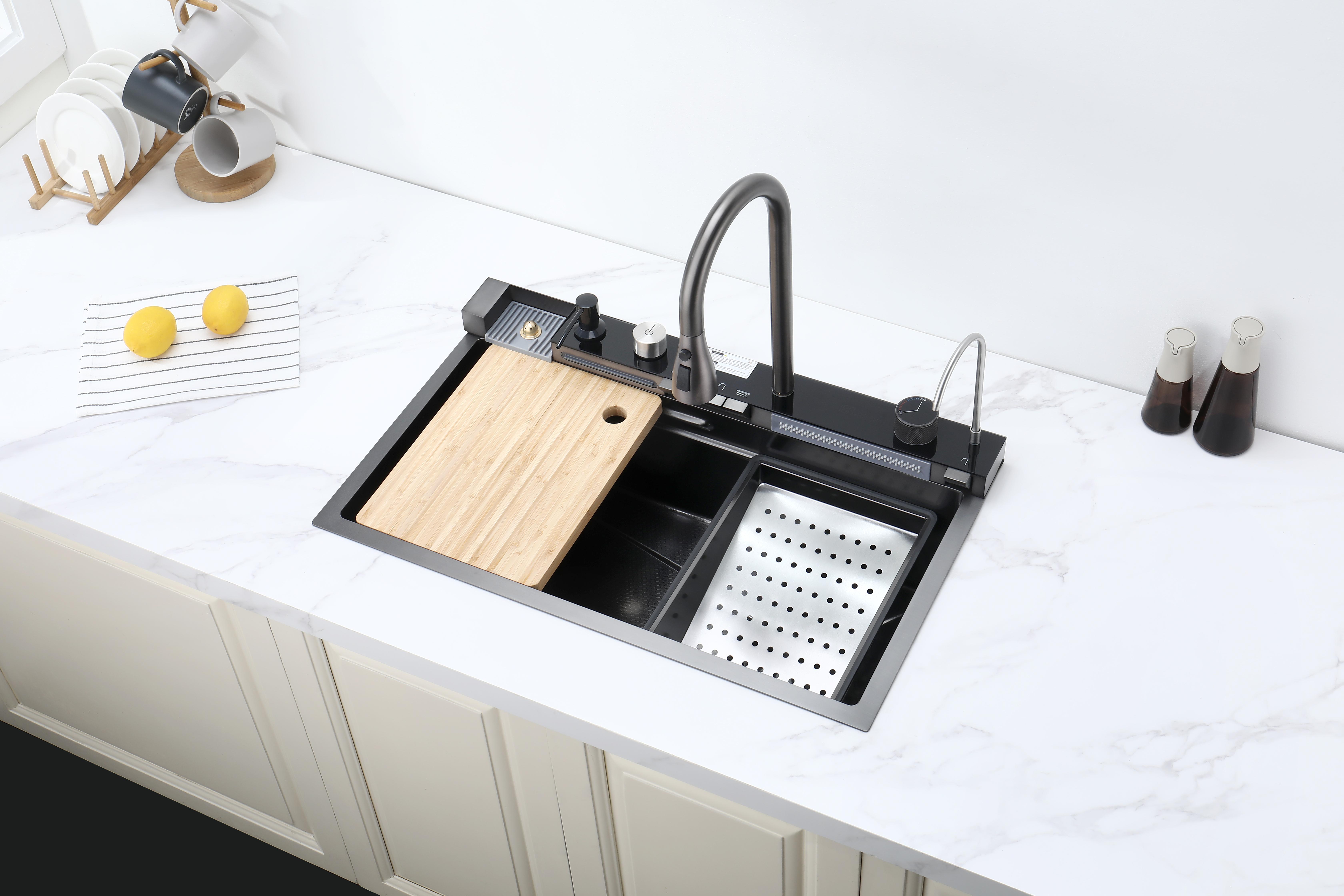 30 Inch Kitchen Sink with Smart Digital Display, Water Powered Piano Key Control, 3 Water Modes Pull Out Faucet, Dual Knob Design, Honeycomb Coating, Compatible with US Standard Garbage Disposal 30 Inch Kitchen Sink with Smart Digital Display, Water Powered Piano Key Control, 3 Water Modes Pull Out Faucet, Dual Knob Design, Honeycomb Coating, Compatible with US Standard Garbage Disposal