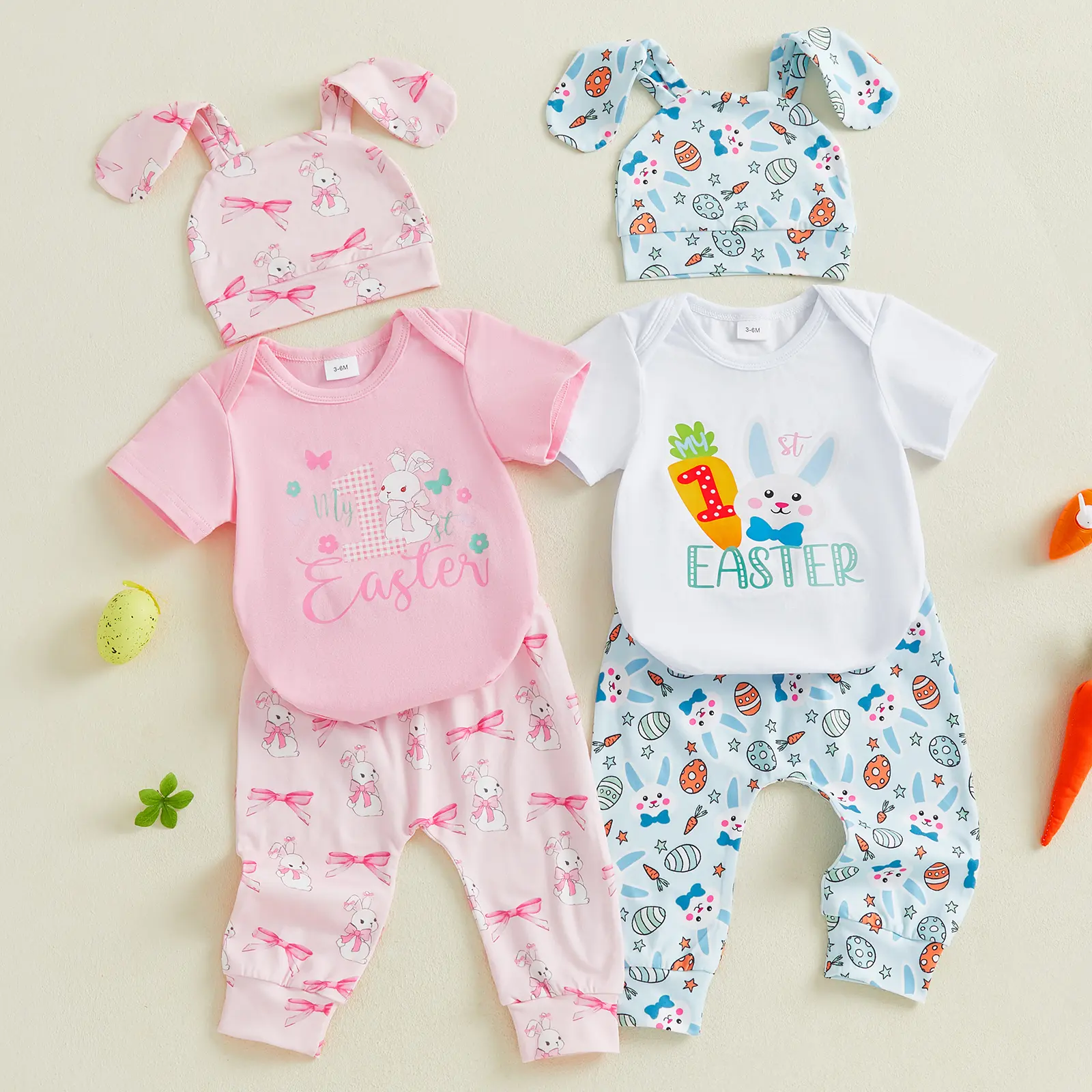 Imcute Newborn Baby Boy Girl Easter Day Clothes Set Short Sleeve Rabbit Romper Long Pants Hat My First Easter Outfits