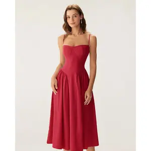 Rihoas Women's Chic Polyester Sleeveless Square Neck Strap-Waisted Pocket Slip Midi Dress for Lady's Casual Wear
