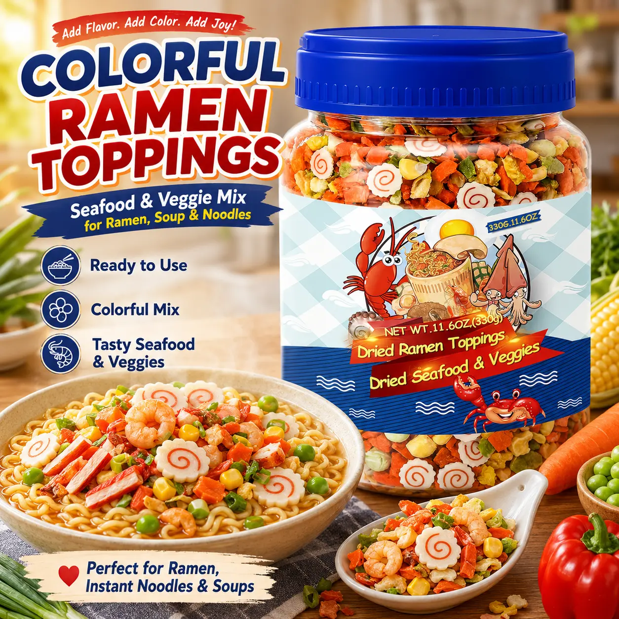 11.6oz Dried Ramen Toppings - 11 Mixed Dehydrated Seafood & Vegetables (Shrimp, Crab, Narutomaki Fish Cake, Peas, Tofu Skin), Healthy Snack with Nutrition for Soups, Camping Meals
