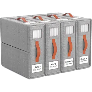 Joymeezo 4 Pack Bed Organizers Storage(King &Queen Size) with an Elastic Strap, Foldable Closet Linen Storage Container, Sheet Set Box for Blankets, Duvet Covers and Pillowcase, Grey