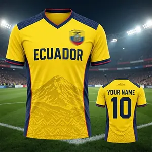 [Custom Name] Ecuador Football Fan Jersey, Personalized Name Number Shirt, Ecuador Pride Sportswear, Yellow Blue Soccer Jersey, Mountain Graphic Supporter Tee, Unisex Athletic Apparel Gift