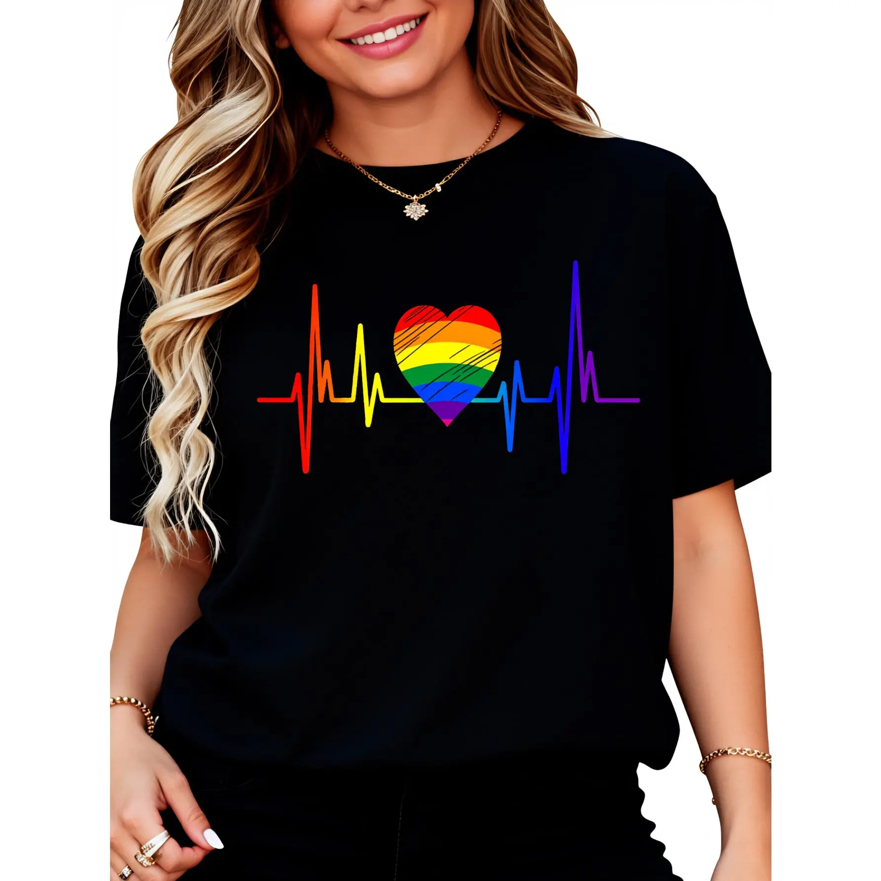 Men's 100% Cotton Unisex Short-Sleeve Graphic T-Shirt Top, LGBT Gay Pride Heartbeat Print Fit Outfit