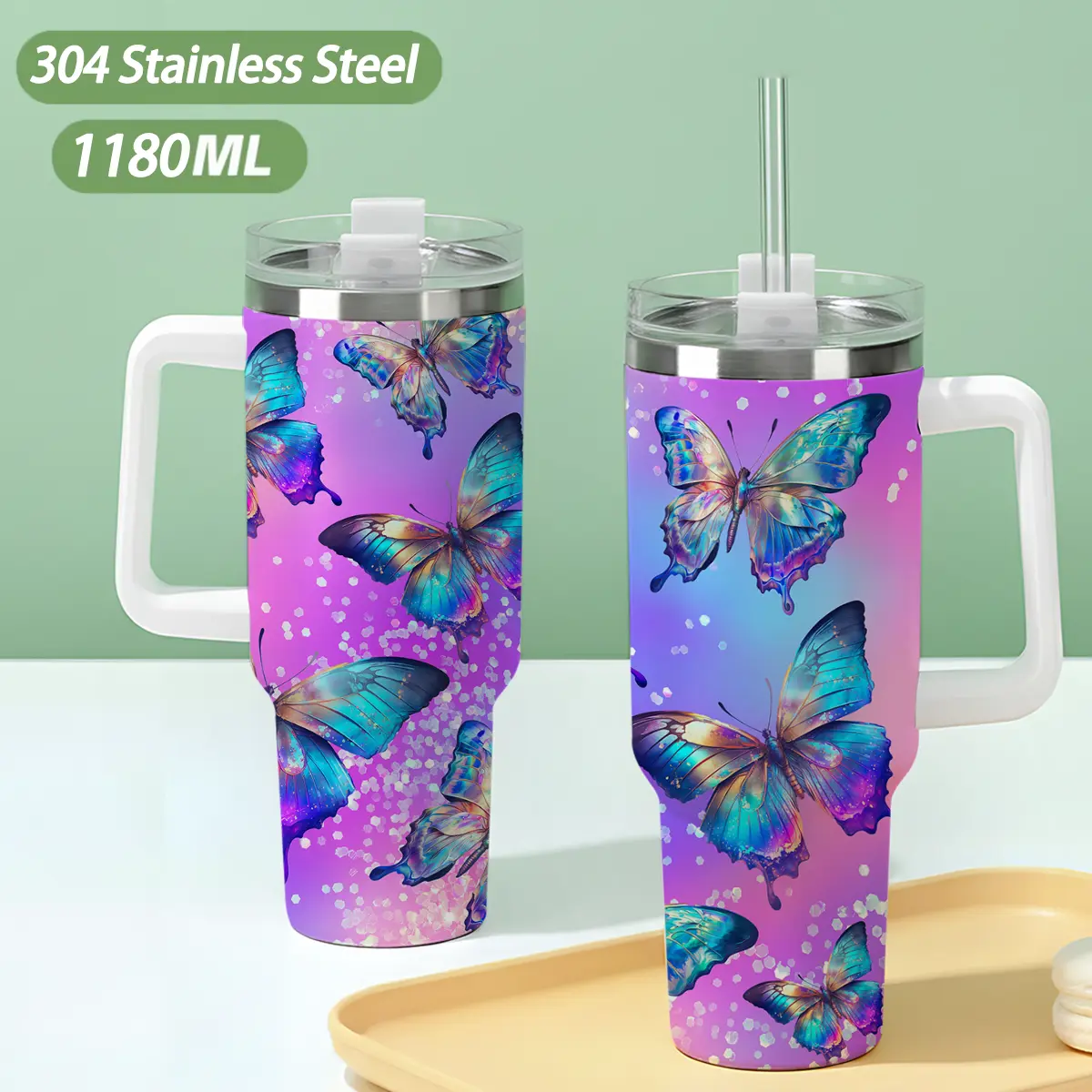 40oz 304 Stainless Steel Insulated Water Bottle - Large Capacity, Portable Drink Tumbler with Lid & Handle, Colorful Butterfly Dreamy Pattern, Suitable for Car, Travel, Birthday Gifts