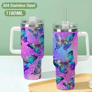 40oz large capacity car watter bottles with lid and handle, 304 stainless steel insulated tumbler with colorful butterflies flying on a dreamy background pattern, suitable for car, office, travel and birthday gifts