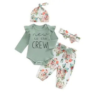 Newborn Baby Girl Clothes New To The Crew Onesie Romper Floral Pants Set Hat 4Pcs Coming Home From Hospital Outfits