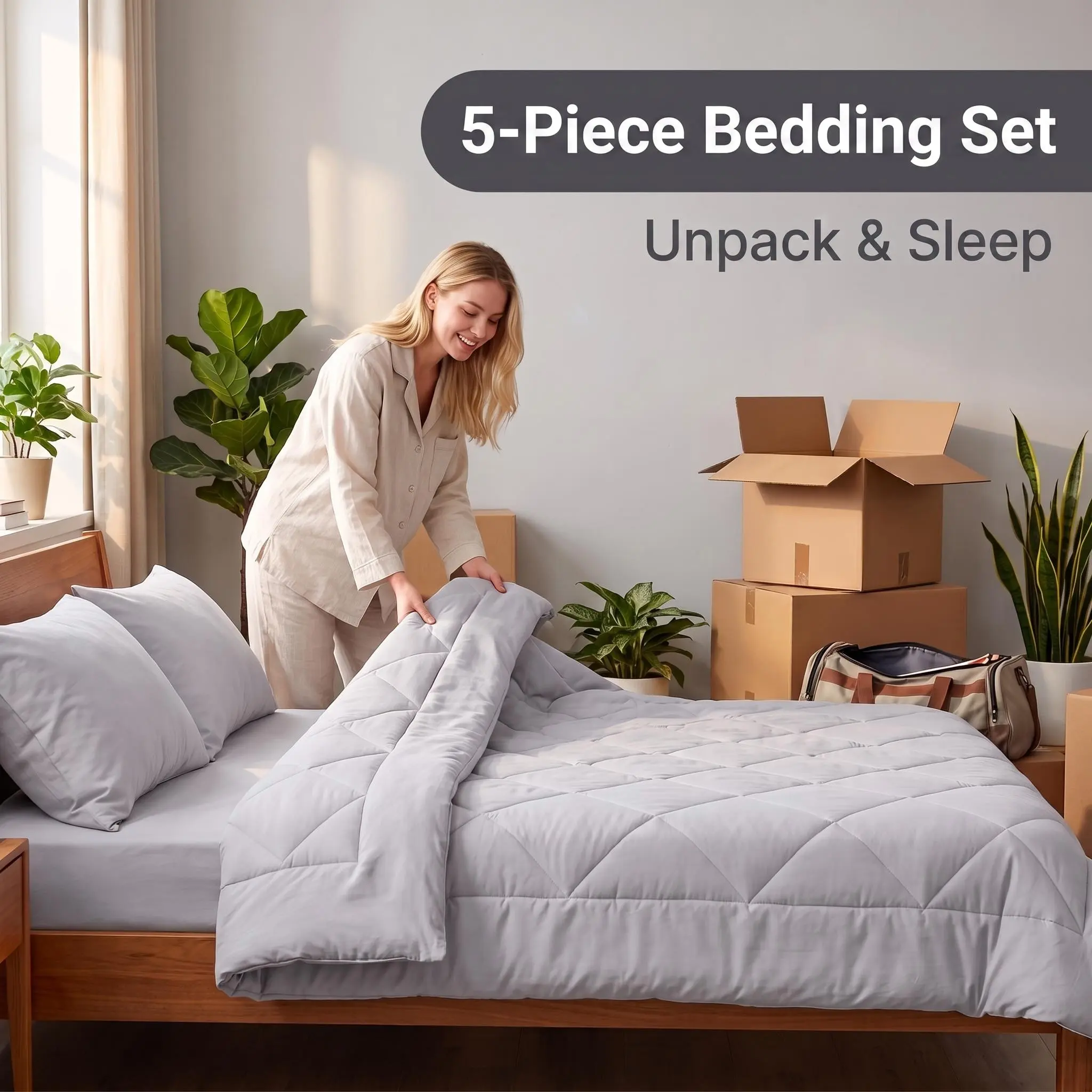 Bedsum CozyLux 5‑Pieces Bed in a Bag Comforter Set, All Season Down Alternative Comforter Bedding Set, Includes 68"x90" Comforter,39"x75"+12" Deep Pocket Fitted Sheet,66"x96" Flat Sheet,2pcs 20"x30" Pillowcases,Soft Gentle Festive Home Decor