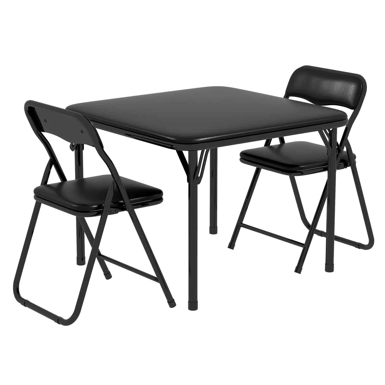 3-Piece Folding Upholstered Table and Chair, Square Card Table and Chair Set with Pu Soft Cushion, Metal Frame Children's Activity Table and Chairs Set for Daycare and Classroom, Black, Beige  White