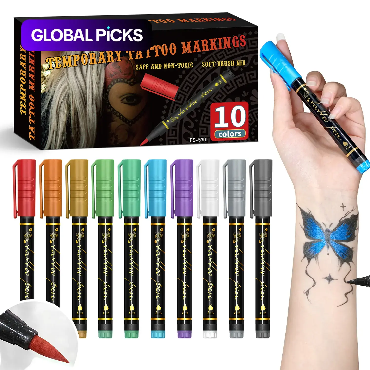 Temporary Tattoo Marker Pen Set, 10-Piece Face Body Paint Markers for DIY Body Art, Body Painting and Drawing #GLOBAL PICKS