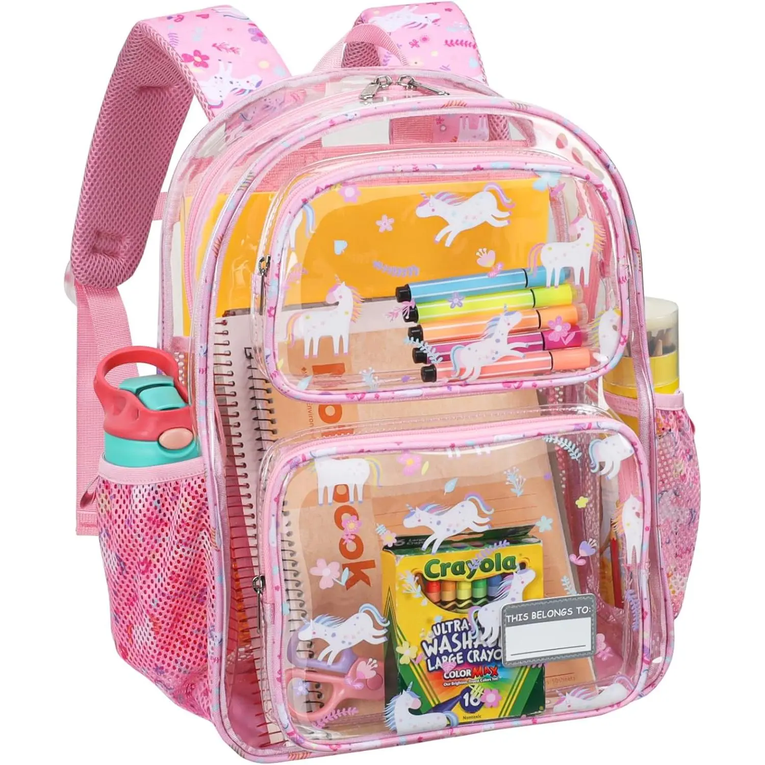SQ-CPB004 Clear Backpack for Kids - 15 Inch Clear Bookbag for Girls Aged 3 to 8 Heavy Duty Transparent Backpack for School, Safe Reflective Strip, Cute Print, Pink Unicorn