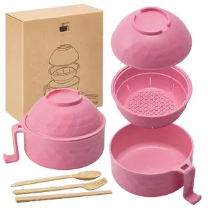 Ramen Bowl Set,Classic Combo with Apron and Oversleeves,Ramen Cooker 33 oz, Ramen Bowls with Chopsticks and Spoon,  Microwave Pasta Cooker, Ramen Bowl Microwave Gift College Dorm Essentials for Girls (Pink)