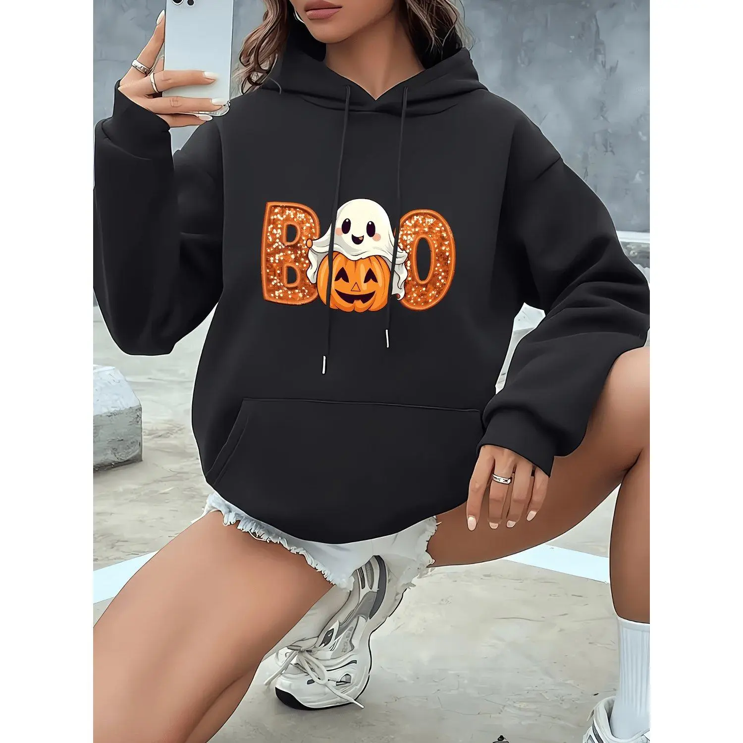 Halloween Trendy Fashion Hooded Printed Casual Wear Hoodie Sweatshirt for Autumn And Winter Loose And Comfortable Stylish Seasonal Outerwear