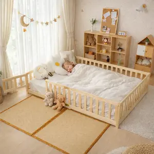 Naudacaa Twin/Full Size Montessori Floor Bed for Kids, Solid Wood Bed Frame with Fence, Door & Safety Guardrails, CPC Certified