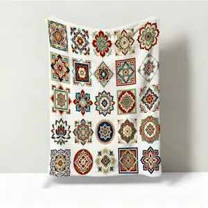 1 Pack Boho Mandala Single-Sided Printed Flannel Blanket, HD Digital Printed Vintage Floral Soft Cozy Blanket, Warm Multi-Use Throw for Sofa, Bedding and Travel, All-Season Ideal Gift Blanket