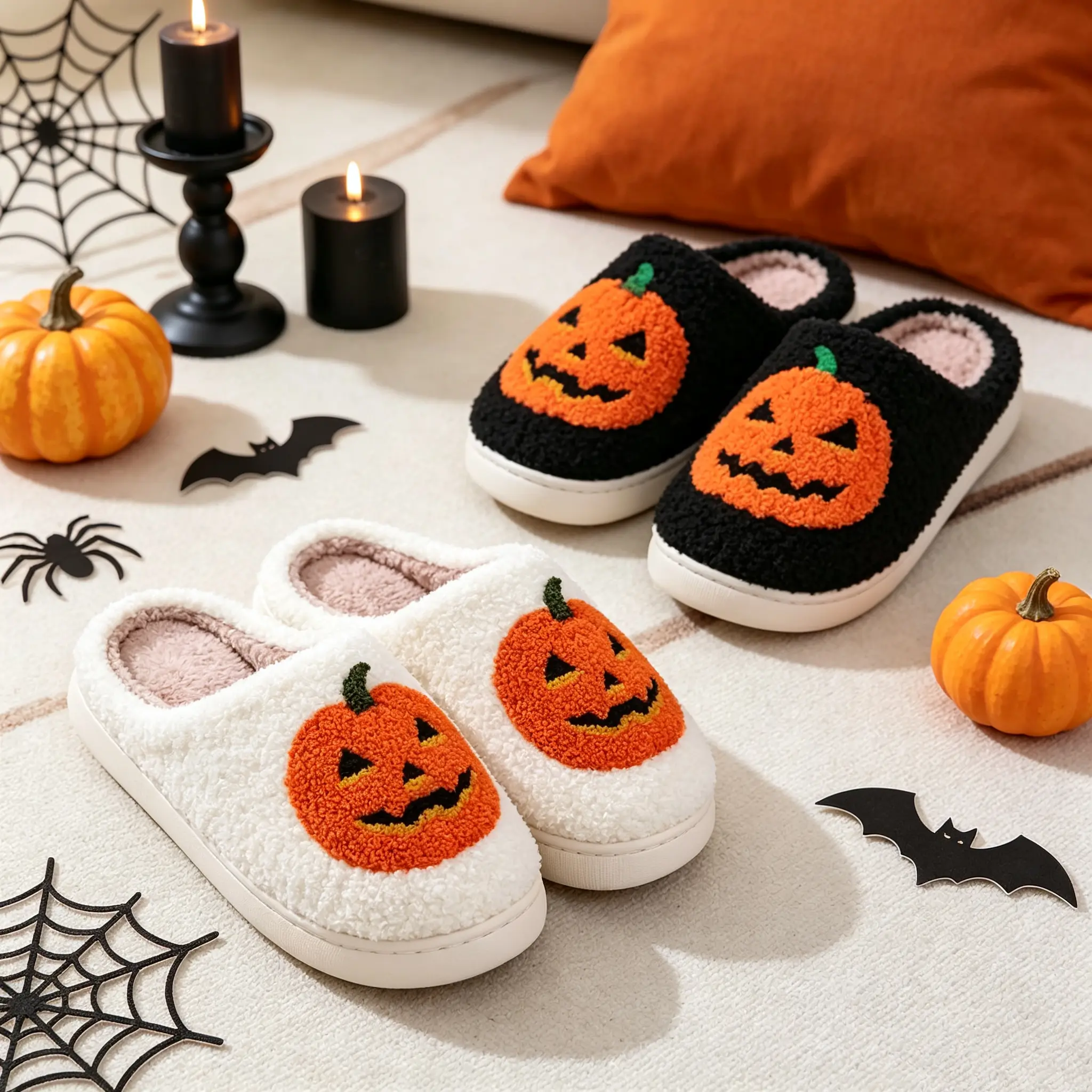 Halloween Cartoon Slippers for Women Men,Pumpkin Ghost Spooky Pattern Plush Fluffy Warm House Slippers,Memory Foam Indoor Winter Home Slip On Shoes