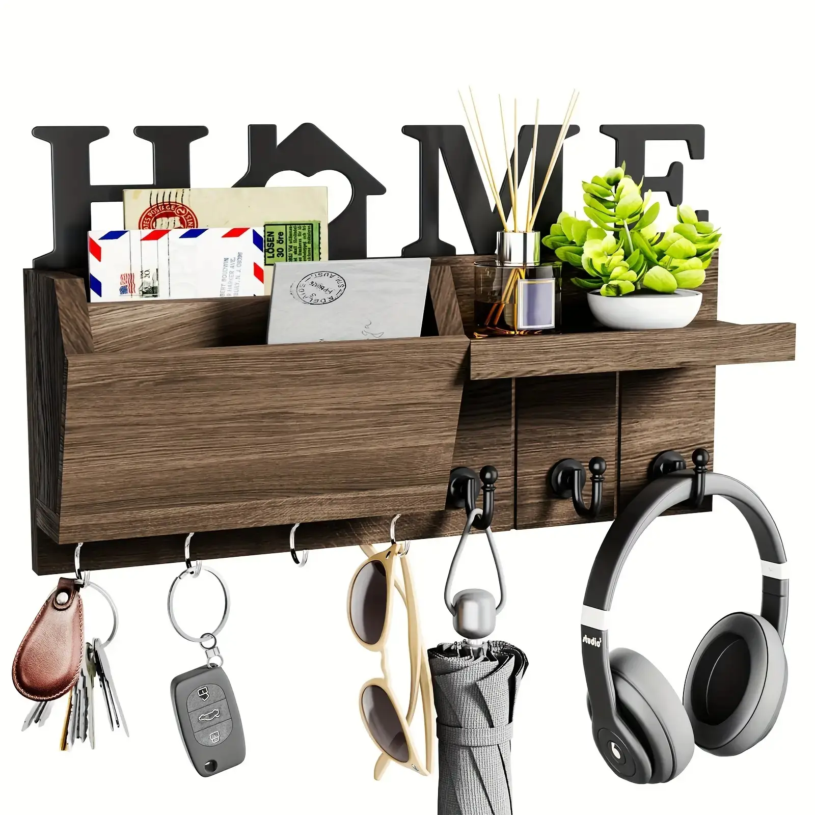 Modern Wooden Key Holder Rack 🪑🔑 - 7 Hooks Wall-Mounted Space Saving Design Entryway Organizer for Home/Office/Bedroom/Hallway, Brown Finish, Wooden Wall Shelf, Wall Mount Design, Black Friday Deal: Ideal Christmas/New Year Gift 🎁