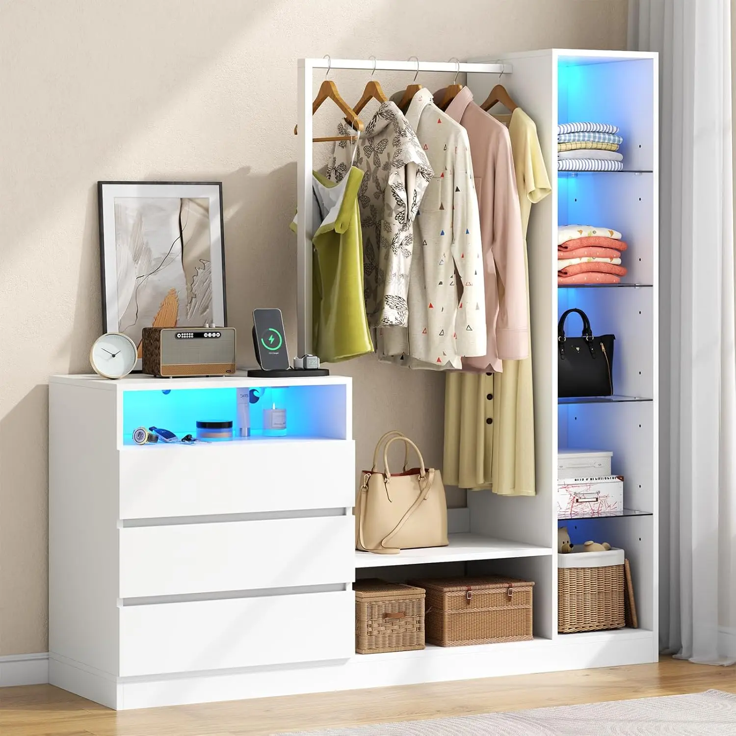 Gyfimoie Dresser for Bedroom with Hanging Rack, 3 Drawers Dresser with Charging Station & LED Lights, 55" Chest of Drawers with Open Storage & Adjustable Shelves for Clothes, White Modern Dresser for Closet nursery  dresser drawer