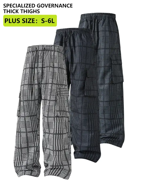 Men's Plus Size Striped Houndstooth Pants with Pockets, Durable Outdoor Training Pants, Suitable for Fishing, Outdoor Activities, Work, Hiking, Camping, Spring and Autumn, Regular Sports Straight Cargo Wide Pants, S-6XL Plus Size