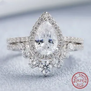 1.5Ct Halo Pear Cut 925 Silver Engagement Ring Set for Women Cambered Wedding Band High Grade Cz Luxury Bridal Jewelry #Love Story