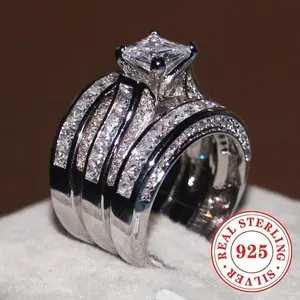 A luxurious 925 sterling silver wedding ring set, consisting of 3 elegant stacked wedding rings, princess cut synthetic cubic zirconia, four claw inlay, April birthday stone, Valentine's Day gift, all season engagement and banquet jewelry