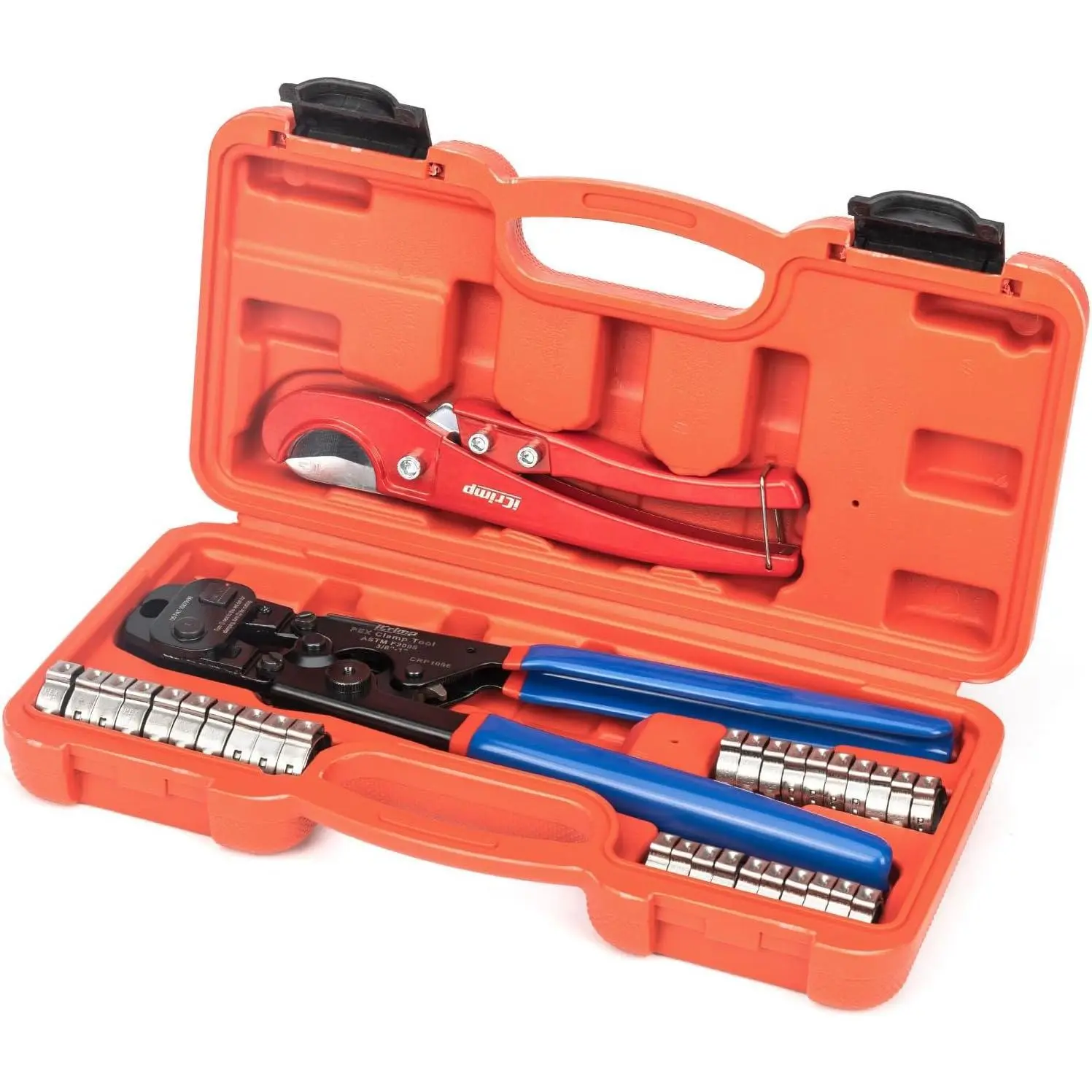 PEX Clamp Tool Kit for 3/8-in, 1/2-in, 3/4-in, 1-in PEX Clamp Cinch & Removal, c/w 1/2''(20 Pack) and 3/4''(10 Pack) PEX Clamp Rings