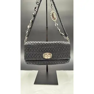 Pre-owned Leather Luxury Bags & Accessories Miu Miu Iconic Crystal Cloque Nappa bag, Black Date Code: NODC06062610. Entrupy ID: .