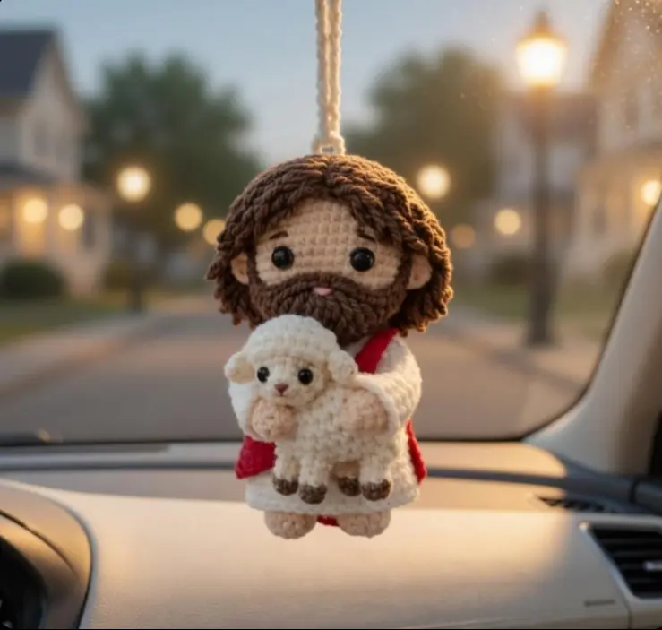 Crochet Jesus Holding Lamb Car Hanging Ornament, Mini Handmade Jesus Rearview Mirror Charm, Religious Car Interior Decor, Christian Gift for Drivers