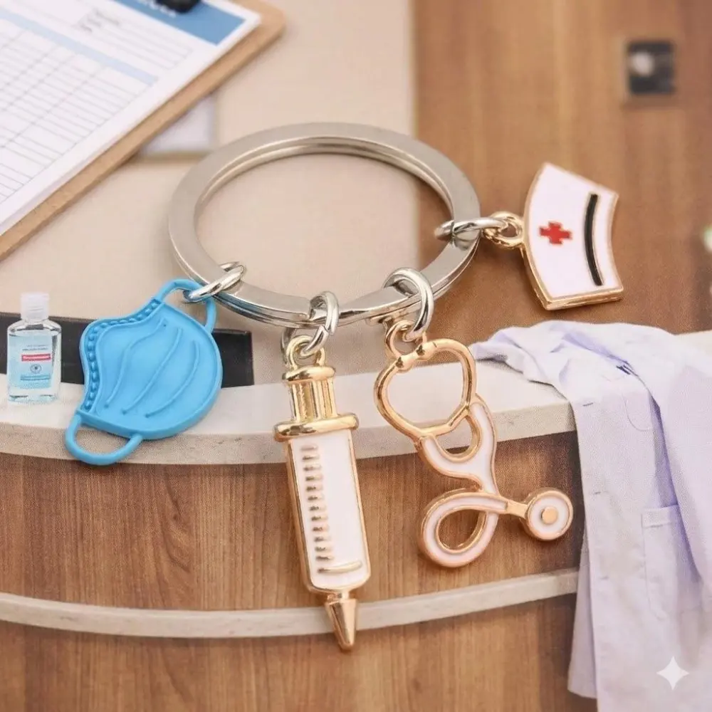 Mini Nurse Keychain with Stethoscope & Syringe - Cute Medical Accessory Gift for Nurses, Doctors, Students. Durable Zinc Alloy, Miniature Tool Charm for Graduation, Work, Holiday. Backpack ID Tag, Fun & Professional Hospital Style. Key Charms
