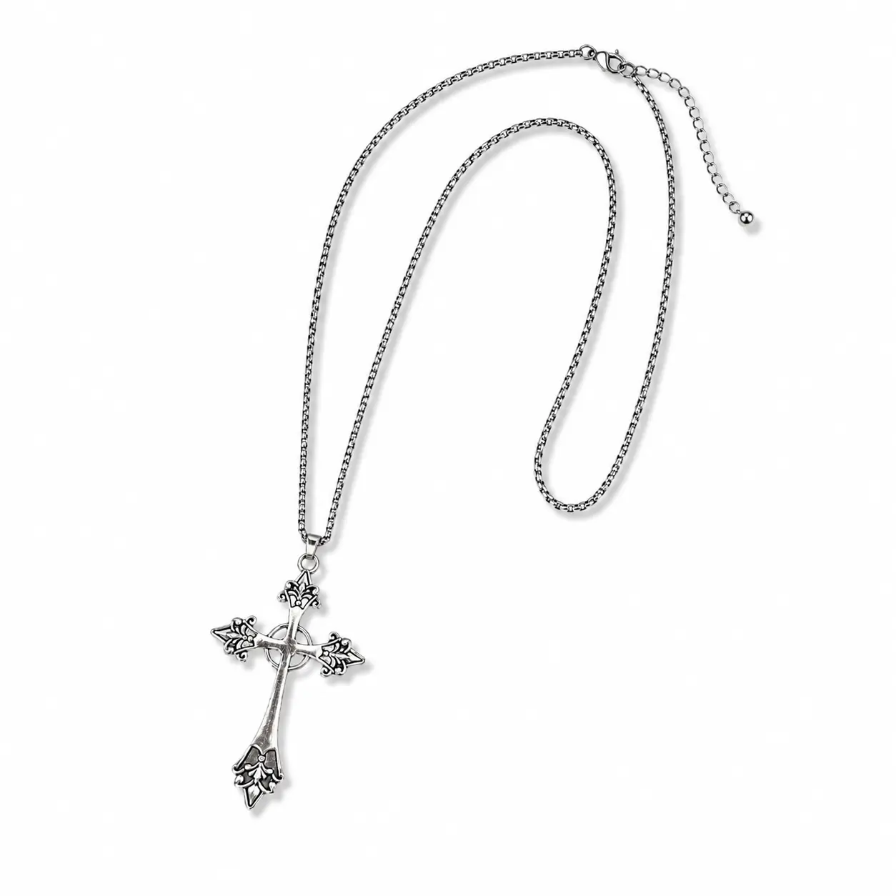 Vintage Gothic Cross Necklace - Plated Alloy Antique Silver-Tone Ornate Fleur-de-Lis Statement Jewelry for Women, Long Chain Unisex Men's Accessory, Ideal for Daily Wear & Gifting