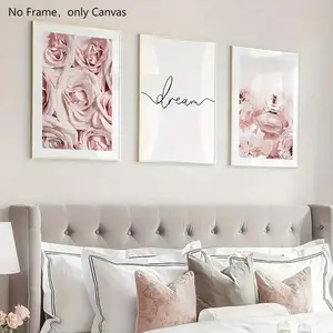 Rose & Letter Pattern Unframed Painting 3 Counts Set Romantic Wall Art Poster Floral Abstract Design for Home Living Room Bedroom Ornaments Decoration