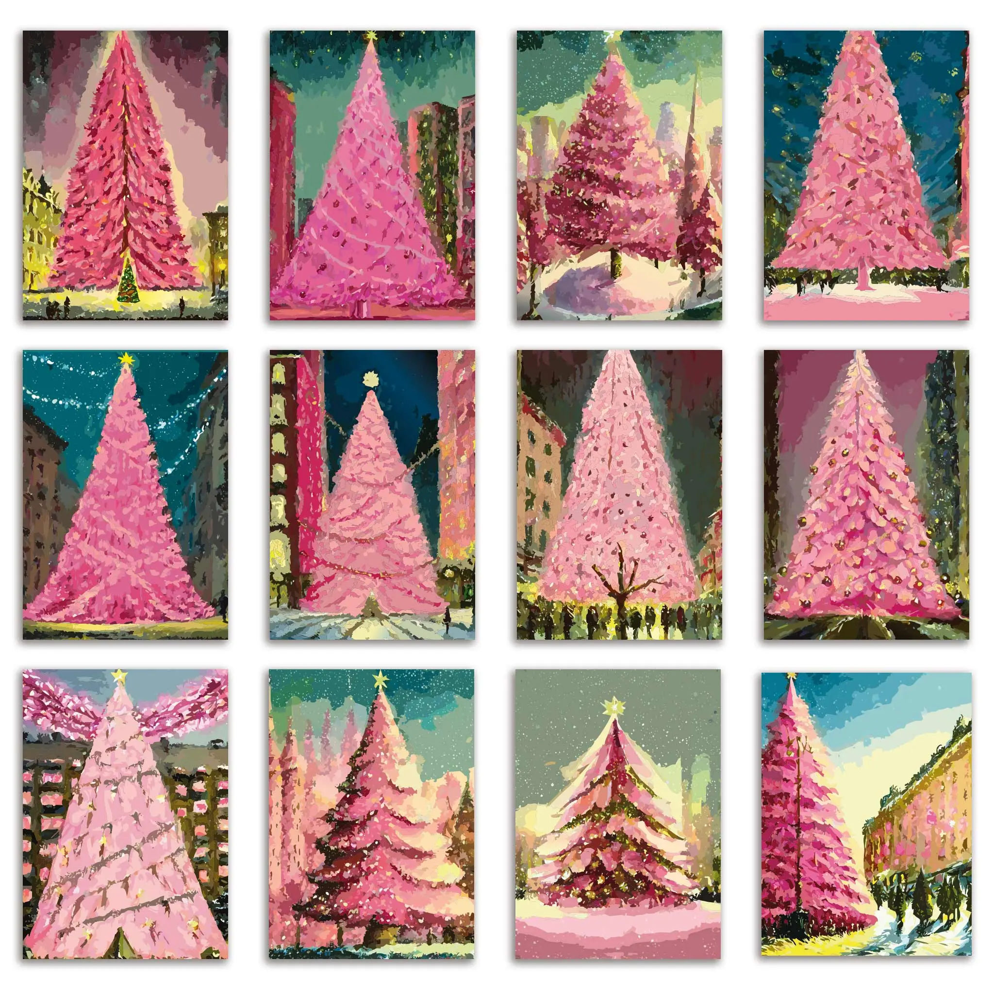 24 Elegant Glowing Pink Christmas Tree Cards in 12 Whimsical City Scenes with Envelopes