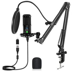 USB Condenser Podcast Microphone Kit,Aveek Microphone for Music studio /Gaming,Streaming Microphone with mute/Unmute, with Boom Arm,for PC and Phone,Karaoke Gaming Audio Button microphone