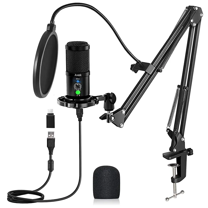 USB Condenser Podcast Microphone Kit,Aveek Microphone for Music Studio Recording/Gaming,Streaming Microphone with mute/Unmute,Mic with Boom Arm,for PC and Phone,Skype,YouTube,Karaoke Gaming Recording