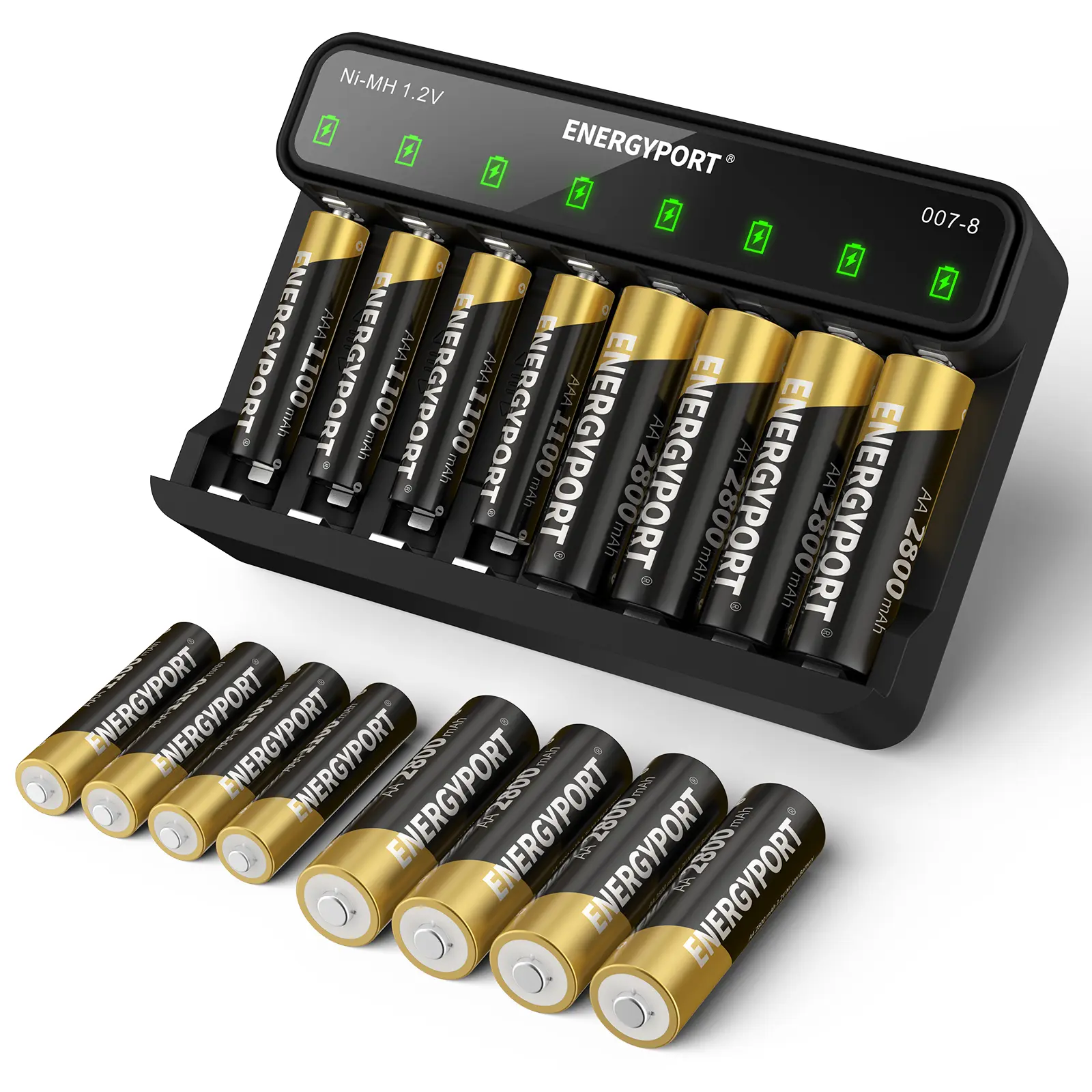 ENERGYPORT AA 2800mAh (8 Pack) and AAA 1100mAh (8 Pcs) Ni-MH Rechargeable Batteries, 1.2V Fast Charging with 8 Bay Smart Charger