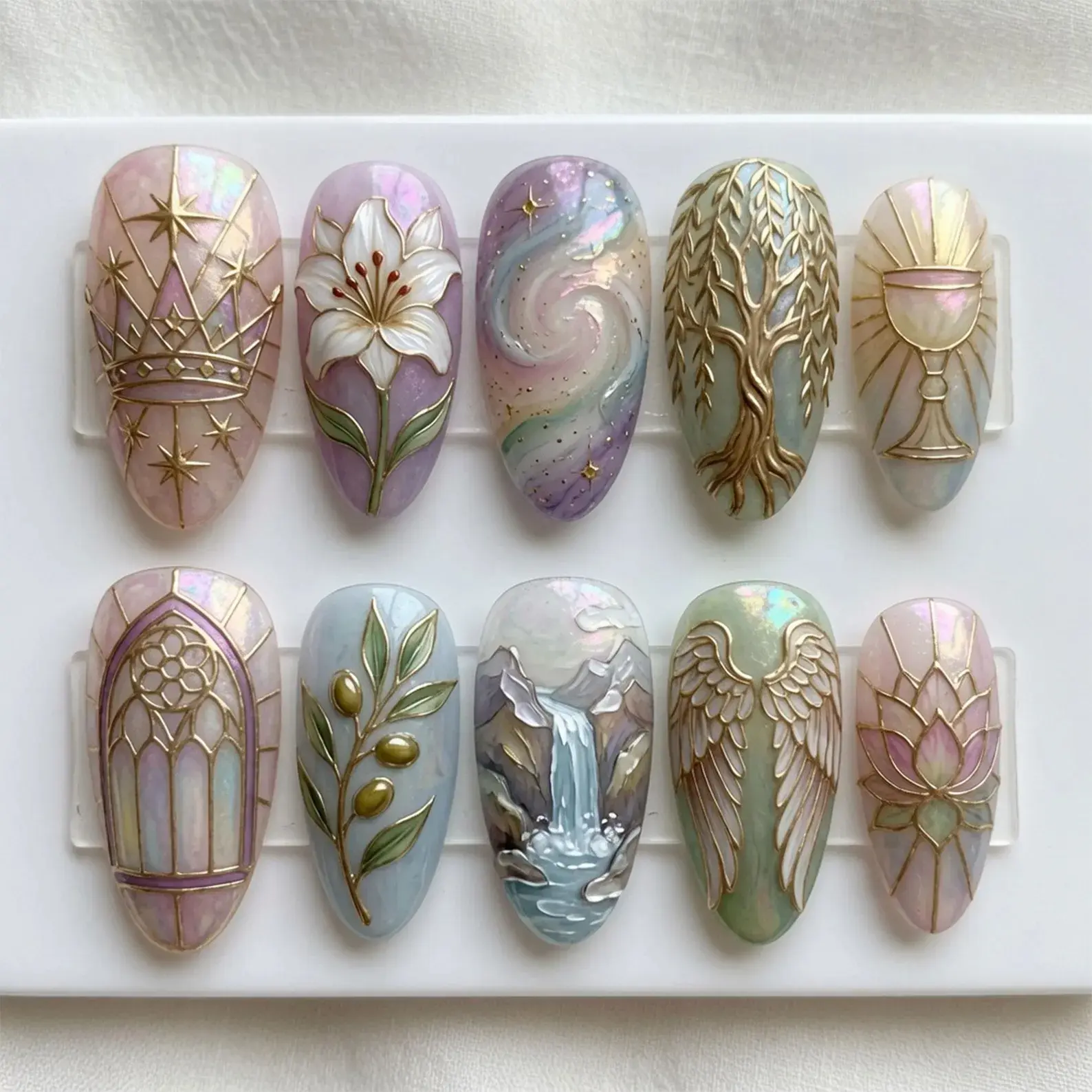 Ethereal Fantasy Press On Nails, Handmade 3D Angel Wings Lily Chalice Waterfall Tree of Life Nails, Gold Iridescent Set