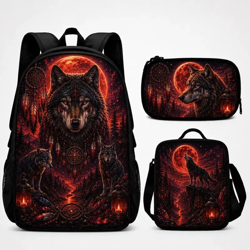Wolf Pack Wildlife 3-Piece Backpack Set with Lunch Bag & Pencil Case - Adjustable Straps, Top Handle, Side Pockets, Wilderness Animal Graphic for Students, School & Travel (Sports & Outdoor Gym Shoulder Bag)
