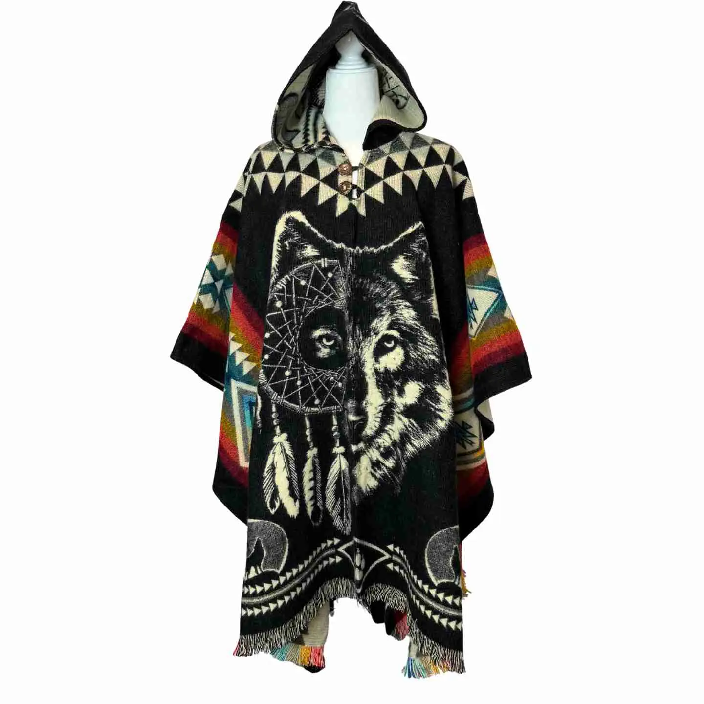 Women's Casual Traditional Forest-Style Soft Unisex Alpaca Hooded Poncho with Wolf Designs (Fits Most Sizes), Tops, Sweatshirts