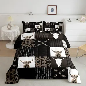 Feelyou Brown Cow Print Highland Cattle Comforter Set - Super Soft Microfiber Breathable Duvet Quilt Bedding Set, Retro Farmhouse Country Style Decorative Queen Size Bedding, Breathable Duvet Set