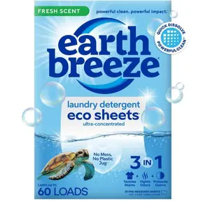 Earth Breeze Laundry Detergent Sheets Fresh Scent - 60 Loads Eco Liquidless Soap - Travel-Friendly for Hot & Cold Cycles, Tackles Tough Stains & Odors - Gentle on Skin, 30 Ct