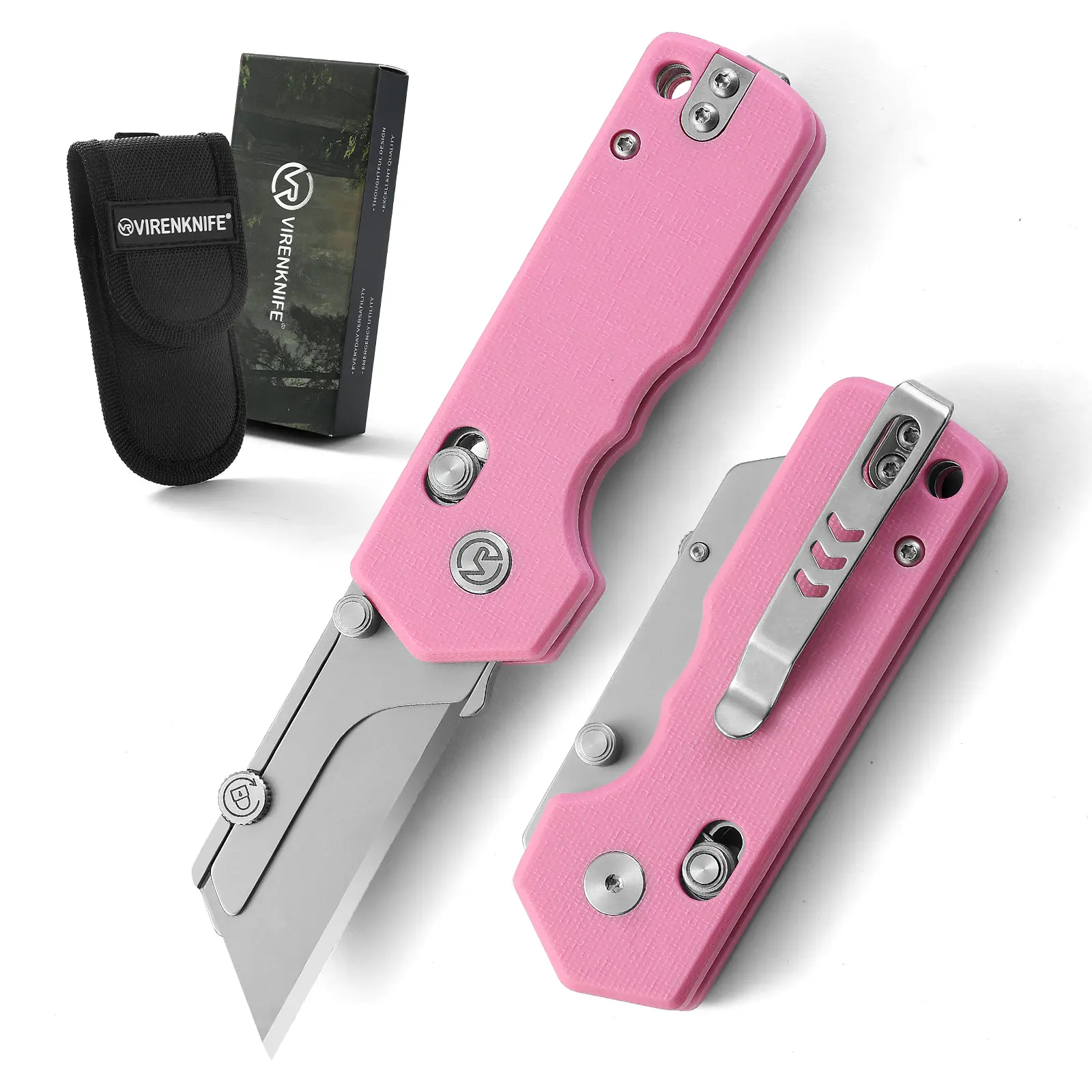 VIRENKNIFE Folding Utility Knife,Pocket Knife with G10 Handle,Quick Change Box Cutter with Rail Lock,EDC Razor Knife with Pocket Clip and Nylon Sheath for Office, Factory Outdoor