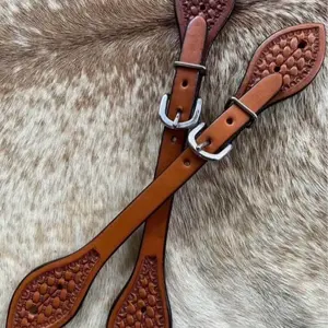 Pair Adult Size Western Basketweave Tooled Leather Spur Straps