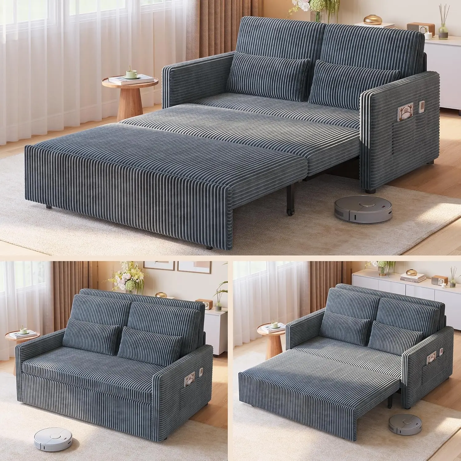 GIZOON 77.2-in 3-in-1 Folding Sofa Bed - Modern Corduroy Upholstered Multi-Functional Loveseat Sleeper Couch for Indoor Living Room, Bedroom Furniture