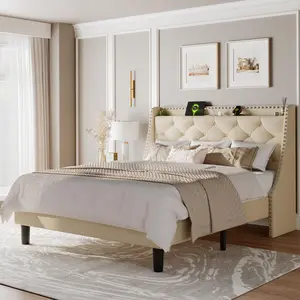 Beige King Bedframe with 16" Wingback Headboard, Nailhead Trim, Button Tufted Design, Charging Station, Storage Space, Stable Metal Frame, Easy Assembly