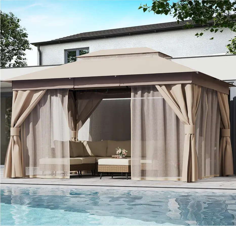 LAUSAINT HOME 13'x10ft Sturdy Stable Iron Gazebo, Outdoor Patio Heavy Duty Metal Frame Canopy Tent with Double-Tier Roof, Drainage Holes Prevent Water Buildup, Mosquito Nettings, Privacy Curtains, Ceiling Hook for Gardens, Thick Sun Protection, Backyard